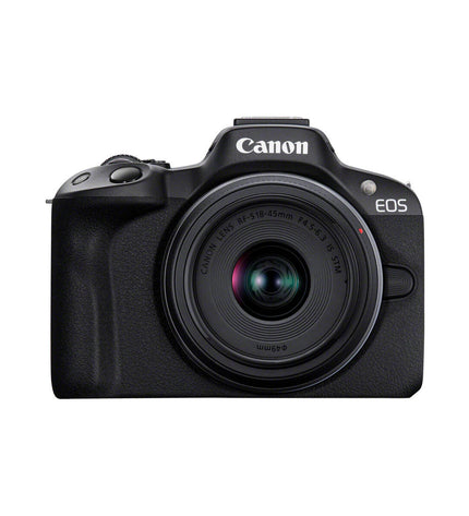 Canon EOS R50 black mirrorless camera with RF-S 18-45mm lens, showcasing the camera body and attached lens.