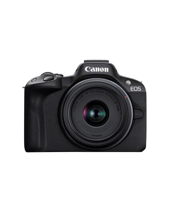 Canon EOS R50 black mirrorless camera with RF-S 18-45mm lens, showcasing the camera body and attached lens.