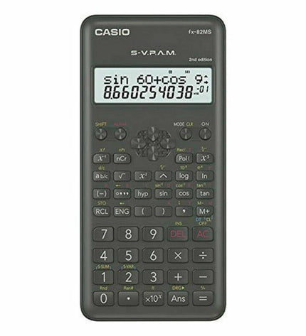 Casio FX-82 MS2 scientific calculator in black with dark gray plastic, designed for office and school use