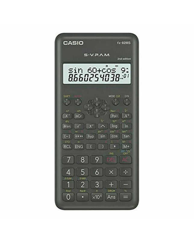 Casio FX-82 MS2 scientific calculator in black with dark gray plastic, designed for office and school use