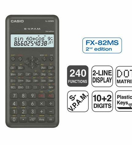 Casio FX-82 MS2 scientific calculator in black and dark gray plastic, suitable for office and school use.