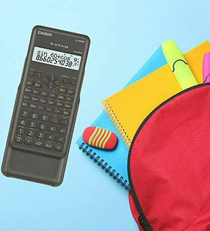 Casio FX-82 MS2 scientific calculator in dark gray plastic, showing buttons and display screen for office and school use.