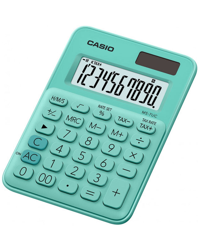 Groene Casio MS-7UC-GN rekenmachine met plastic behuizing, geschikt voor kantoorartikelen en schrijfwaren.