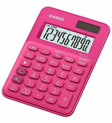 Red Casio MS-7UC-RD calculator, office electronics, with a compact design and numeric keypad for efficient calculations.