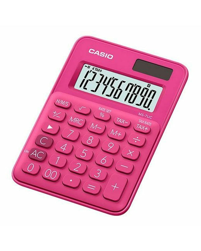 Red Casio MS-7UC-RD calculator, office electronics, with a compact design and numeric keypad for efficient calculations.