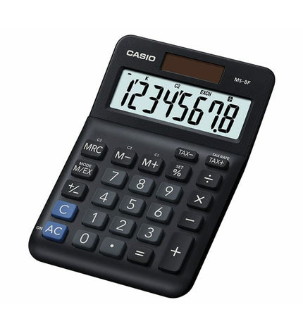 Casio MS-8F calculator with numeric keypad and display, designed for office and writing supplies, showing its front view.