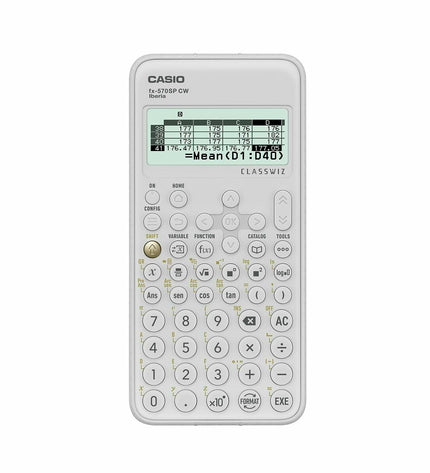 Casio scientific calculator in white with digital display, buttons for scientific functions, suitable for office and school use.