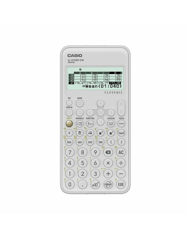 Casio scientific calculator in white with digital display, buttons for scientific functions, suitable for office and school use.