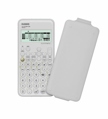 Casio scientific calculator in white for office and school use, featuring a digital display and scientific function keys.