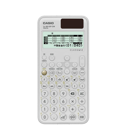Casio wetenschappelijke rekenmachine in blauw en wit, geschikt voor kantoor en wetenschappelijke berekeningen