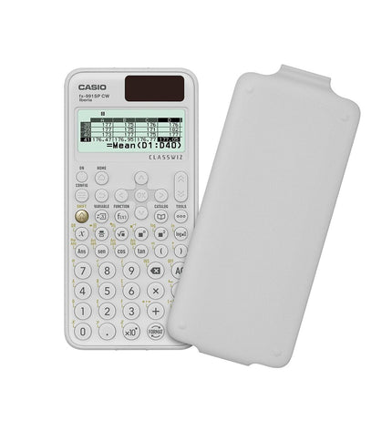 Casio wetenschappelijke rekenmachine in blauw en wit, geschikt voor kantoor en studie, met overzichtelijk display and scientific functions.