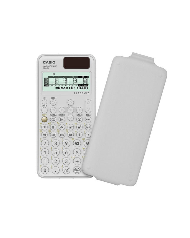Casio wetenschappelijke rekenmachine in blauw en wit, geschikt voor kantoor en studie, met overzichtelijk display and scientific functions.