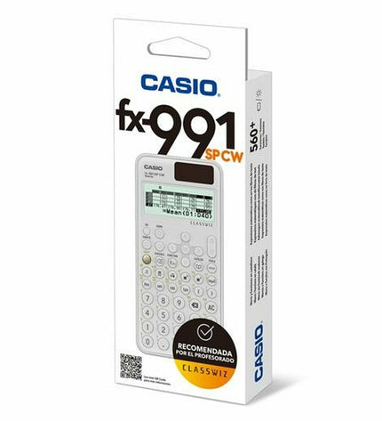 Casio wetenschappelijke rekenmachine in blauw en wit, geschikt voor kantoor- en schoolgebruik, met overzichtelijk display.