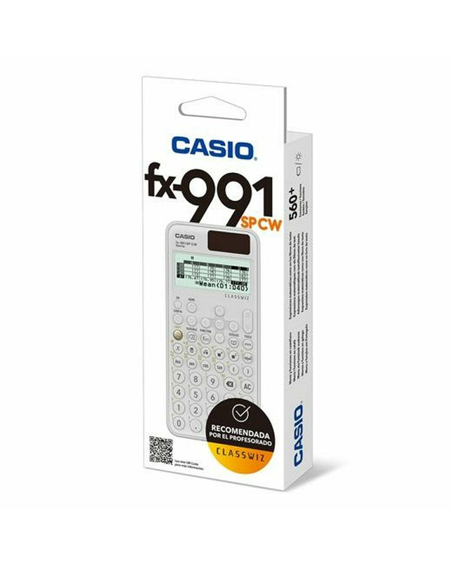 Casio wetenschappelijke rekenmachine in blauw en wit, geschikt voor kantoor- en schoolgebruik, met overzichtelijk display.