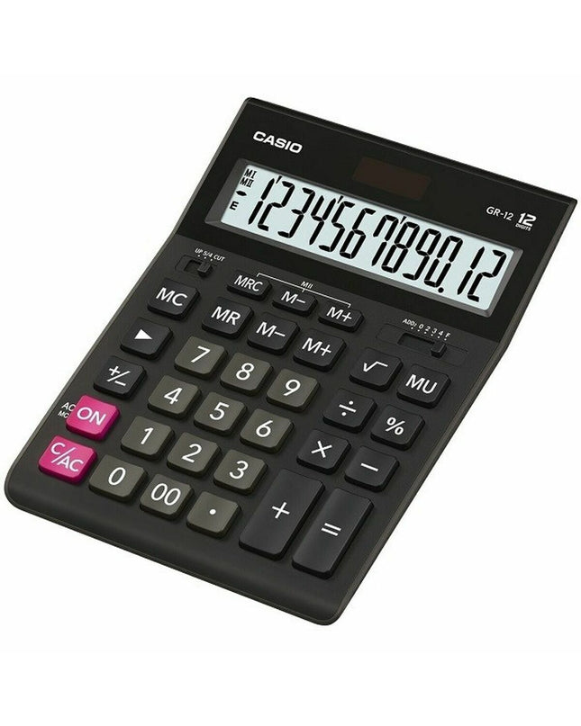 Casio GR-12 black plastic calculator, office electronics and stationery product with digital display and keypad.