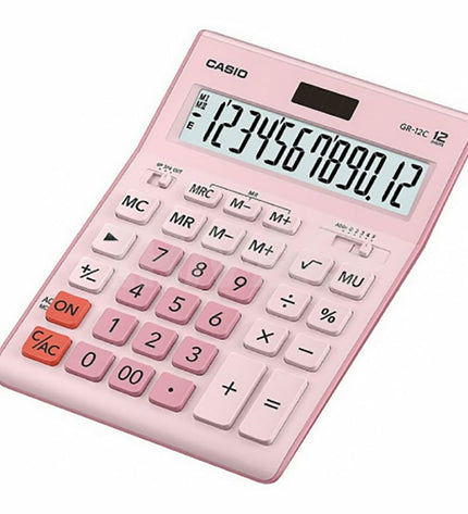 Black Casio GR-12C calculator with plastic casing, designed for office and stationery use, featuring a digital display and basic functions.