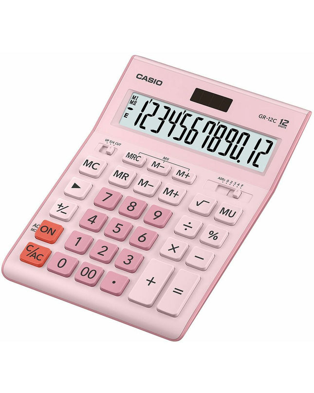 Casio GR-12C black calculator with plastic body, office electronics and stationery, showing numeric display and buttons.
