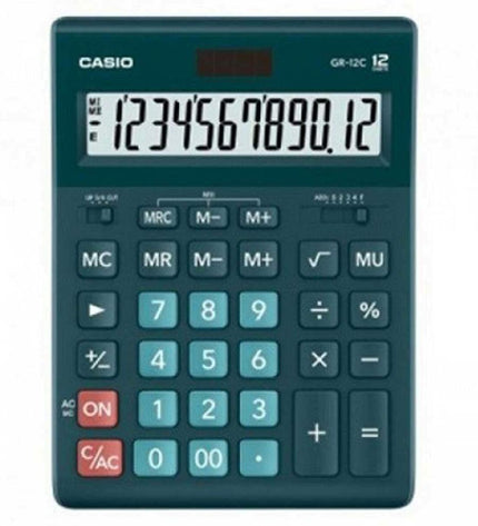 Casio GR-12C-DG black and green plastic calculator, office electronics and stationery, showing keypad and display screen