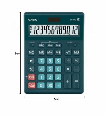 Casio GR-12C-DG black and green plastic calculator, ideal for office use, with clear numeric display and function keys.