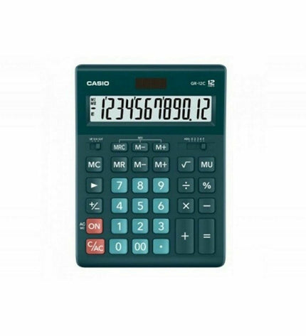 Casio GR-12C-DG black and green calculator with plastic casing, ideal for office and stationery use.