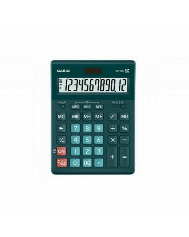 Casio GR-12C-DG black and green calculator with plastic casing, ideal for office and stationery use.