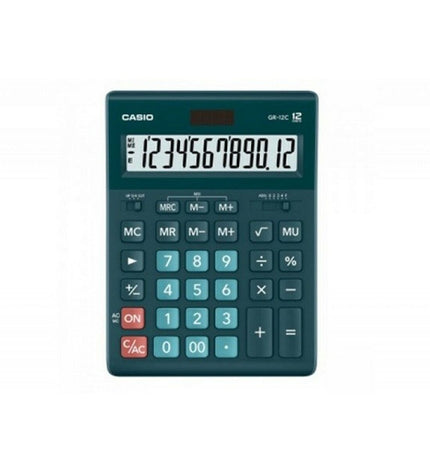Casio GR-12C-DG black and green plastic calculator, office electronic device with keypad and display screen.