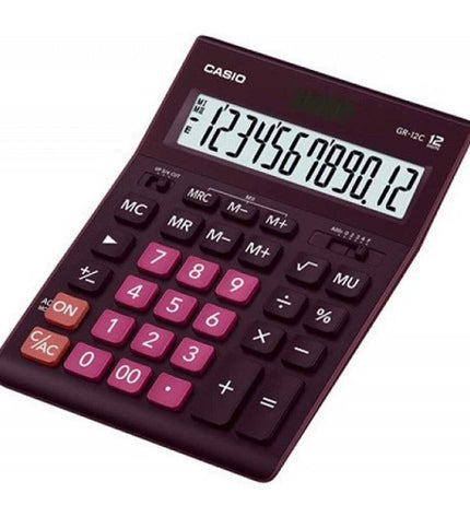 Casio GR-12C purple plastic calculator for office use, featuring a compact design and basic arithmetic functions.