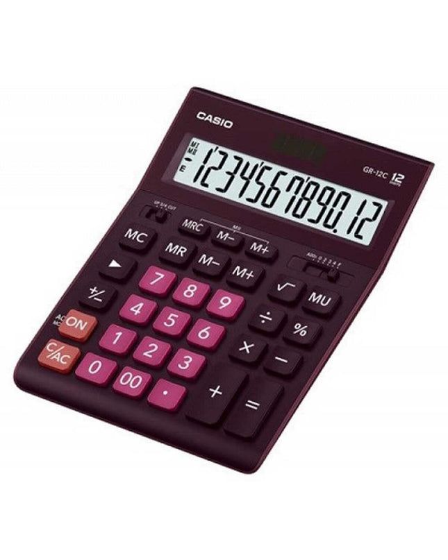 Casio GR-12C purple plastic calculator for office use, featuring a compact design and basic arithmetic functions.