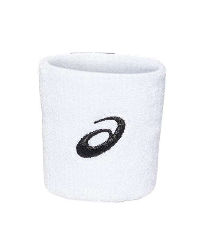 Asics sport armband for tennis, white adjustable fitness accessory worn on arm during outdoor sports activities.