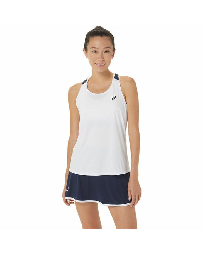 Asics sport T-shirt with short sleeves for tennis, white athletic top designed for outdoor tennis and sports activities.
