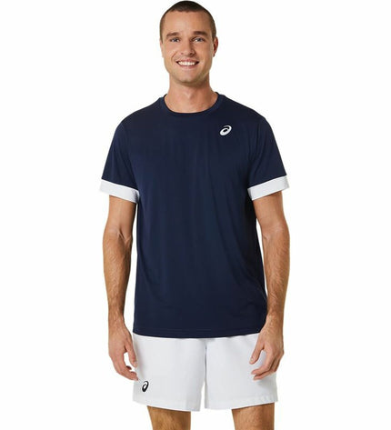 Asics men's short-sleeve tennis T-shirt in marine blue, designed for sport and outdoor tennis activities.
