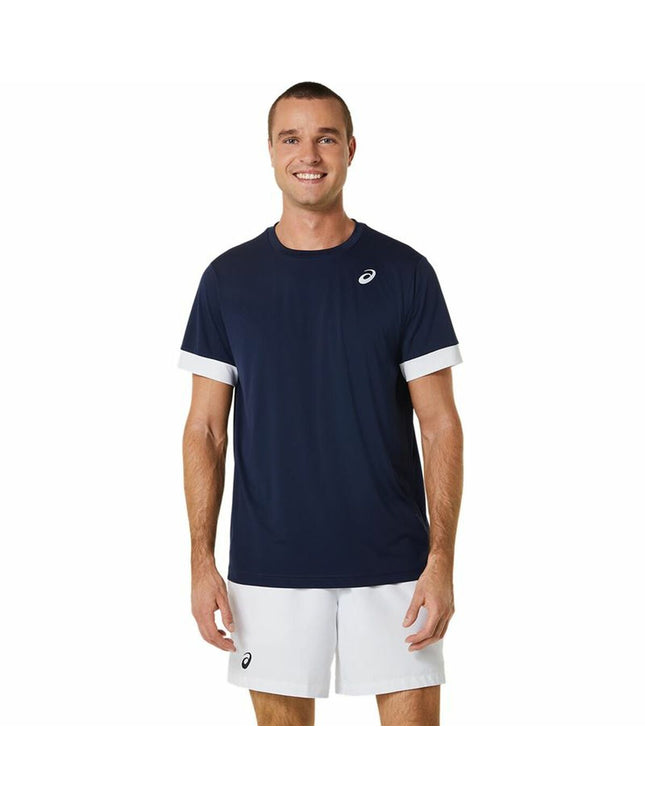 Asics men's short-sleeve tennis T-shirt in marine blue, designed for sport and outdoor tennis activities.