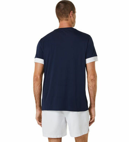Asics marine blue short-sleeve tennis sport T-shirt with athletic fit, designed for outdoor tennis activities.