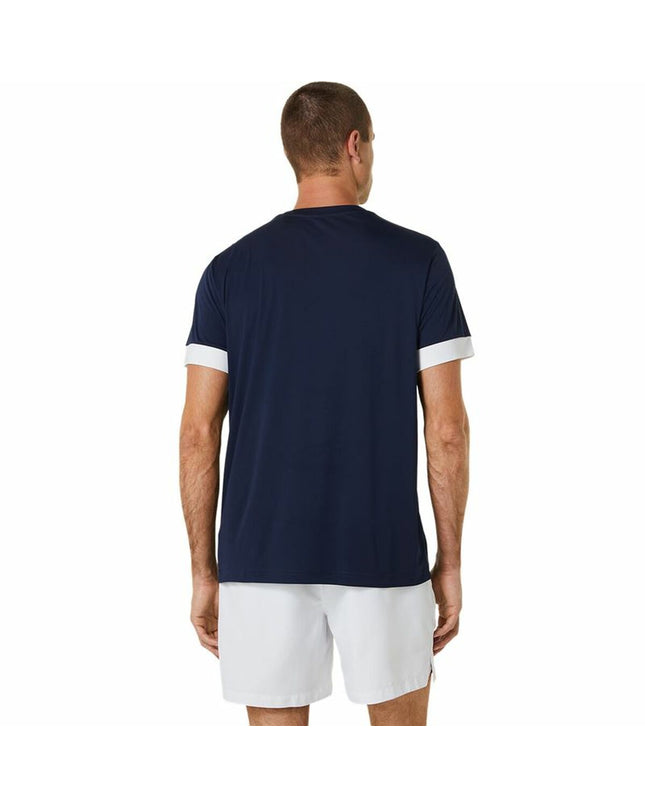 Asics marine blue short-sleeve tennis sport T-shirt with athletic fit, designed for outdoor tennis activities.