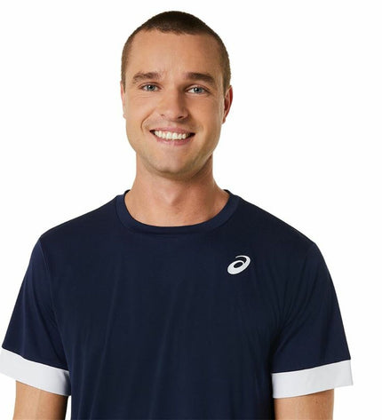 Asics men's short-sleeve tennis sport T-shirt in marine blue, designed for tennis and outdoor sports.