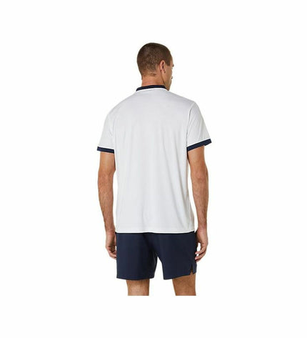Asics men's short-sleeve tennis polo shirt in white, suitable for sport and outdoor tennis activities.