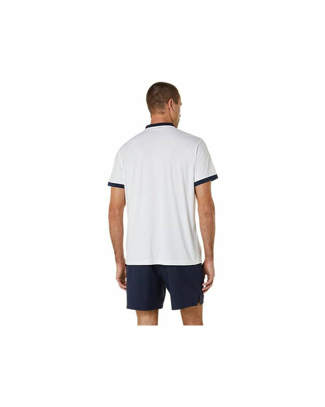 Asics men's short-sleeve tennis polo shirt in white, suitable for sport and outdoor tennis activities.