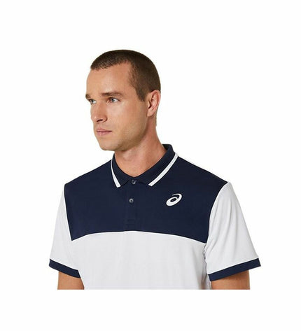 Asics men's short-sleeve tennis polo shirt in white, lightweight sport and outdoor tennis apparel.