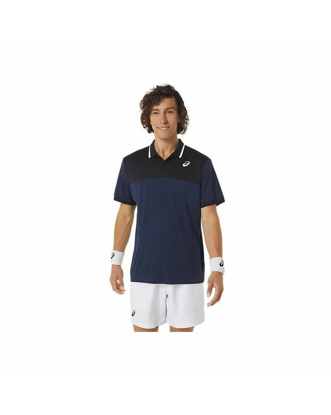 Asics men's short sleeve tennis polo shirt in navy blue, designed for sport and outdoor tennis activities.