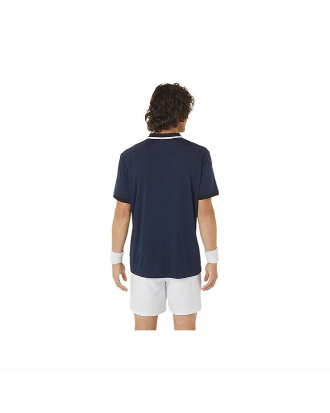 Asics men's short-sleeve tennis polo shirt in navy blue, designed for sport and outdoor tennis activities.