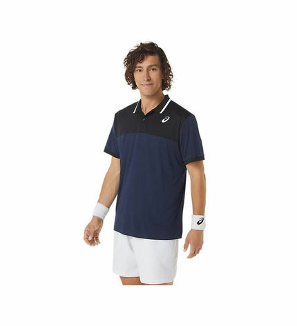 Asics men's short-sleeve tennis polo shirt in marine blue, designed for sport and outdoor tennis activities.