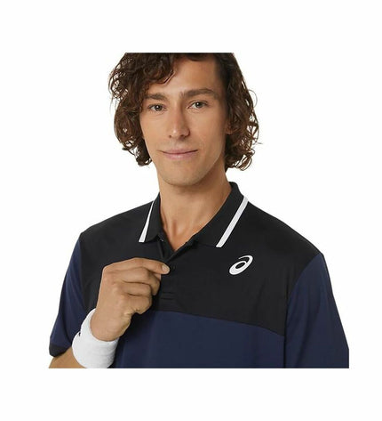Asics men's short sleeve tennis polo shirt in navy blue, designed for sport and outdoor tennis activities.