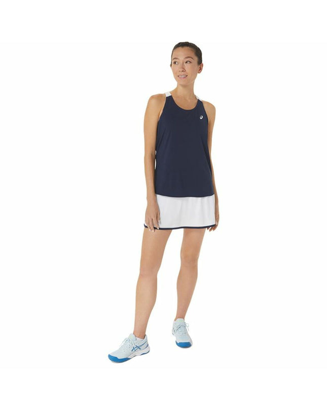 Asics dark blue short-sleeve tennis sport T-shirt with Asics logo, designed for outdoor tennis and sports activities.