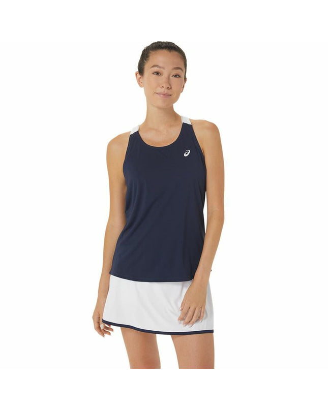 Asics sport T-shirt with short sleeves in dark blue for tennis, designed for outdoor sports and active wear.