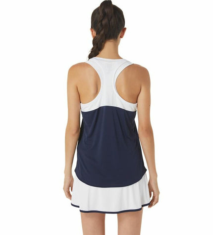 Asics tennis sport T-shirt with short sleeves in dark blue, designed for outdoor tennis, featuring breathable fabric and athletic fit.