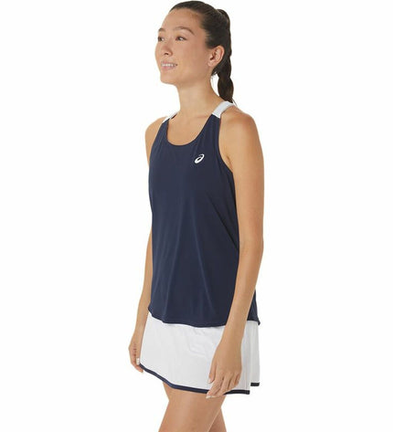 Dark blue Asics tennis sport T-shirt with short sleeves, designed for outdoor court play, showcasing the athletic fit and breathable fabric.
