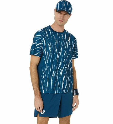 Blue Asics tennis sport T-shirt with short sleeves, designed for outdoor tennis and active sports.