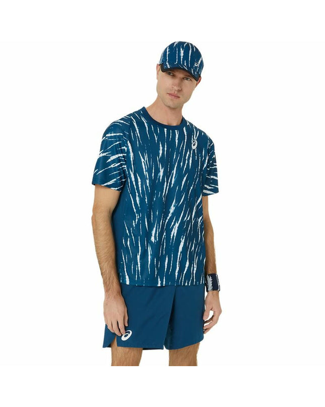 Blue Asics tennis sport T-shirt with short sleeves, designed for outdoor tennis and active sports.