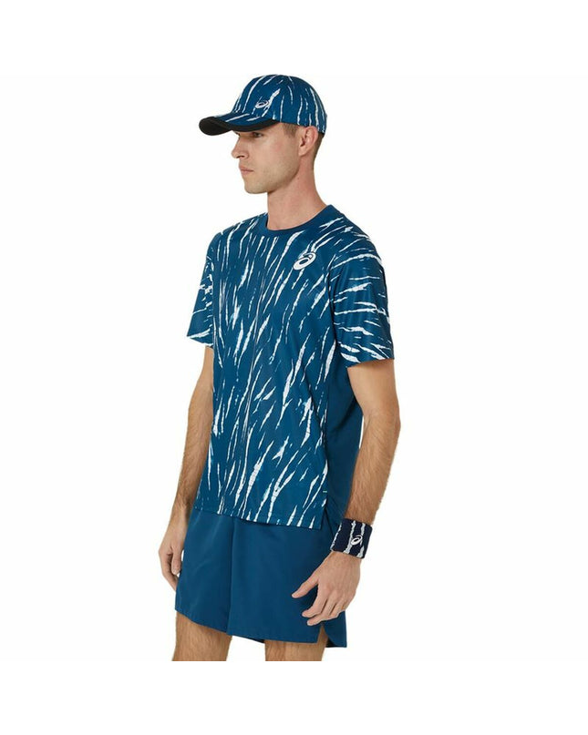 Asics blue short-sleeve tennis sport T-shirt, lightweight and breathable for outdoor tennis activities.