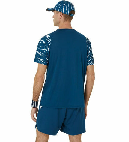 Blue Asics tennis sport T-shirt with short sleeves, designed for outdoor tennis activities, featuring breathable fabric and athletic fit.